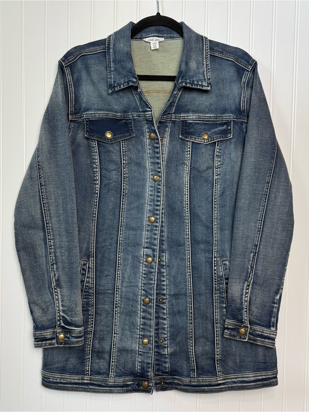 Tribal Jeans Medium Wash Long Denim Jacket Size M Stretch Button Front